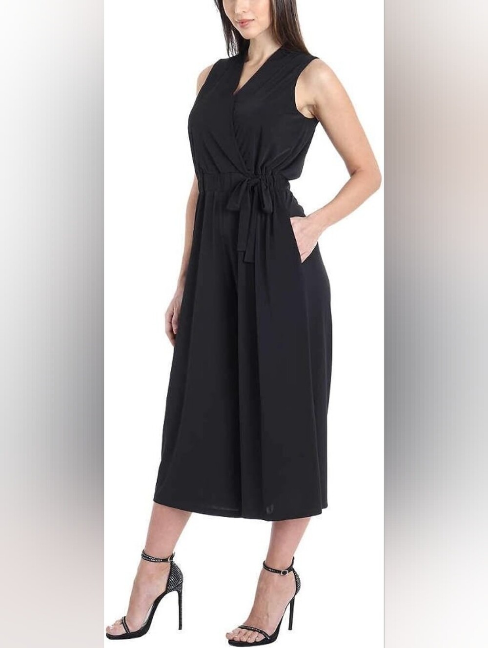 💅🏻🛍️ Sandra Darren Black Sleeveless Midi Wrap-style Jumpsuit